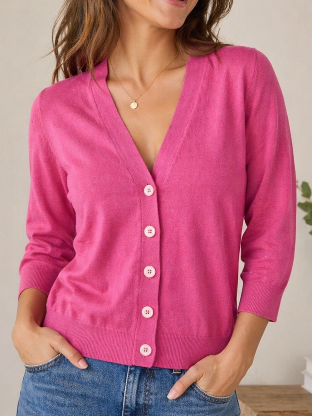 Boden Cotton Women's Pink Button Up Cardigan Sweater 3/4 Sleeve Size 8